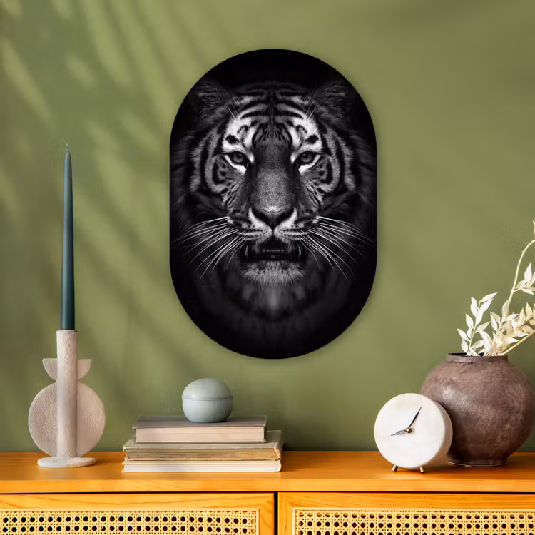 Tijger - Dieren - Zwart - Wit - Portret - Wild Wandcirkel Ovaal Forex klein -sfeer2