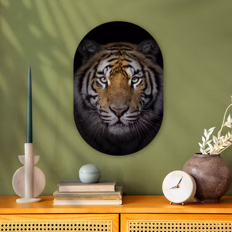 Tijger - Wilde dieren - Portret - Zwart - Dieren Wandcirkel Ovaal Forex klein -sfeer2