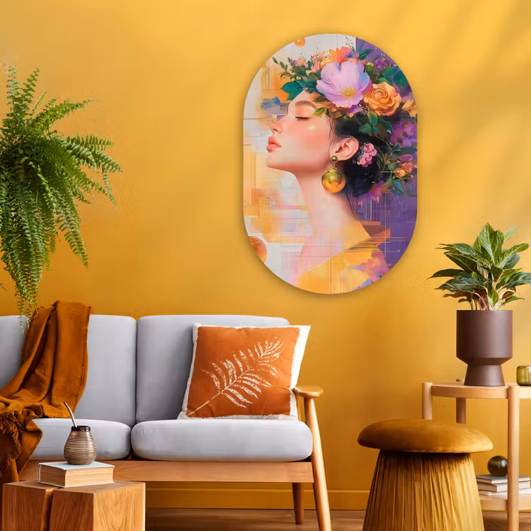 Abstract - Vrouw - Bloemenkroon - Goud Wandcirkel Ovaal Glas middel -sfeer4