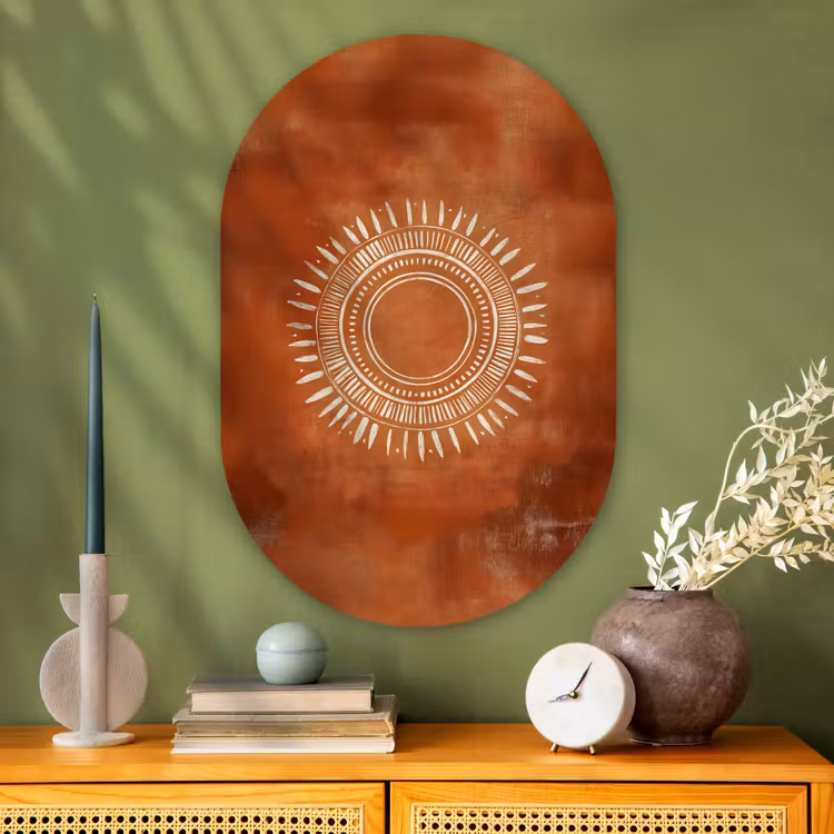 Abstract - Lijnen - Zonnestralen - Roodbruin Wandcirkel Ovaal Glas middel -sfeer2