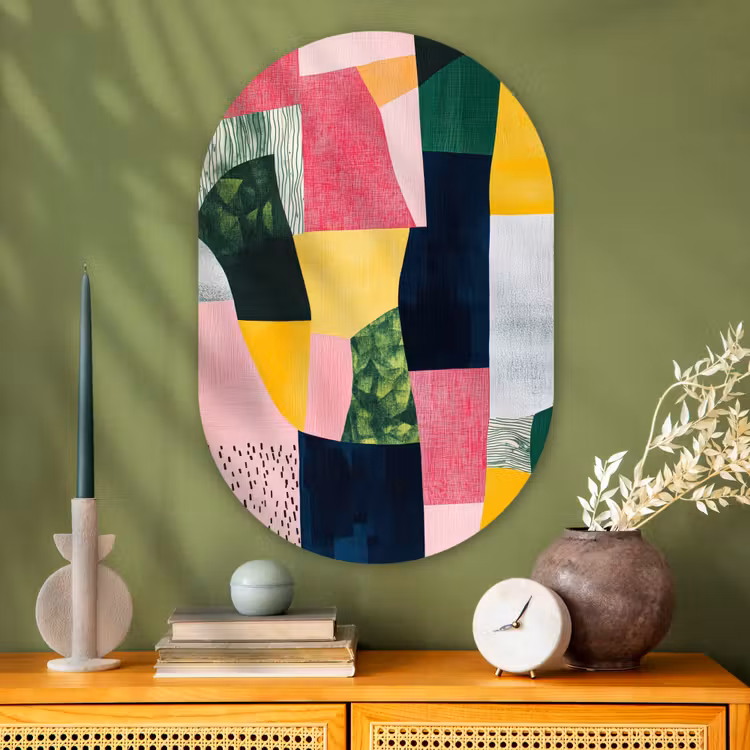 Abstract - Roze - Lappen - Vormen - Geel Wandcirkel Ovaal Glas middel -sfeer2