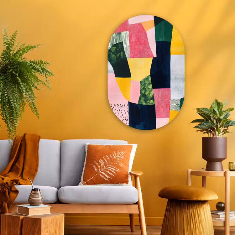 Abstract - Roze - Lappen - Vormen - Geel Wandcirkel Ovaal Glas middel -sfeer4