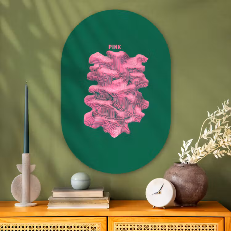 Abstract - Pink - Lijnen - Groen Wandcirkel Ovaal Glas middel -sfeer2