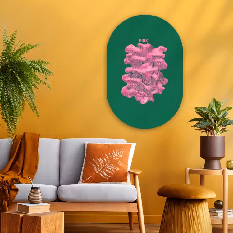 Abstract - Pink - Lijnen - Groen Wandcirkel Ovaal Glas middel -sfeer4