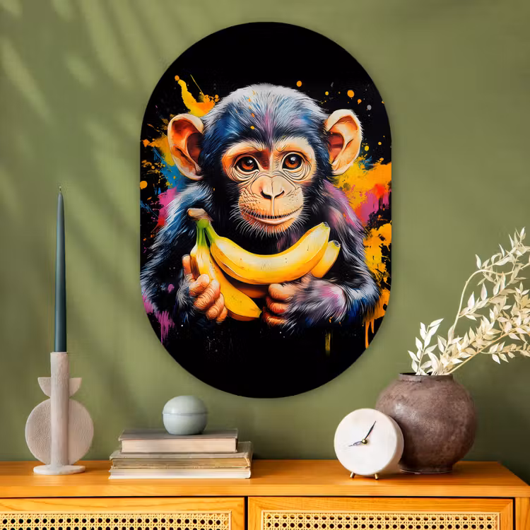 Aap - Graffiti - Kleurrijk - Bananen - Modern Wandcirkel Ovaal Glas middel -sfeer2