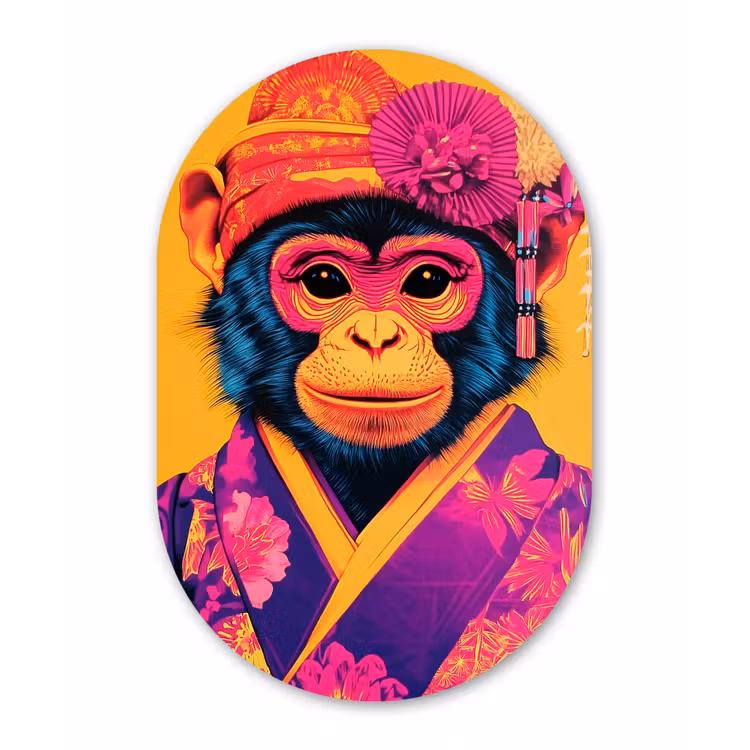 Aap - Kimono - Bloemen - Hoofdtooi Wandcirkel Ovaal Glas middel -3d