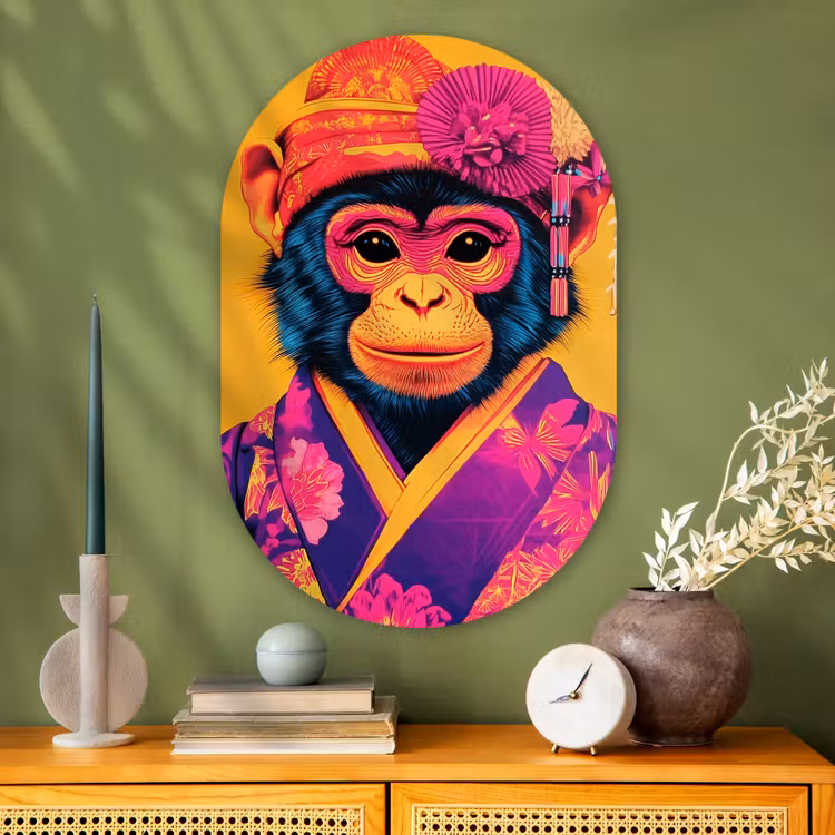 Aap - Kimono - Bloemen - Hoofdtooi Wandcirkel Ovaal Glas middel -sfeer2