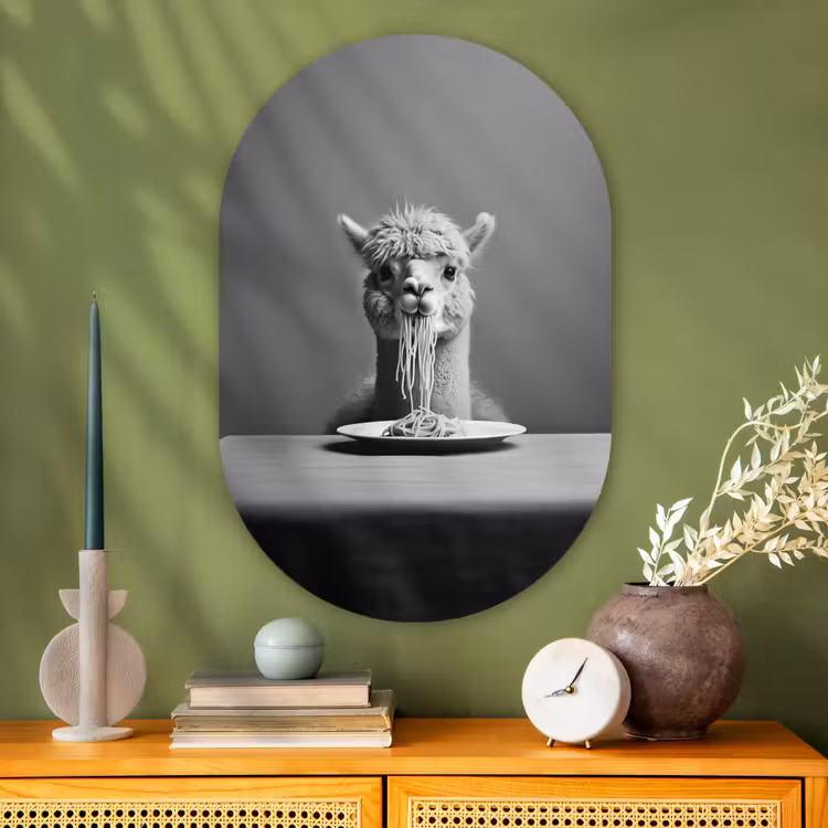Alpaca - Pasta - Zwart - Wit - Grappig - Dieren Wandcirkel Ovaal Glas middel -sfeer2