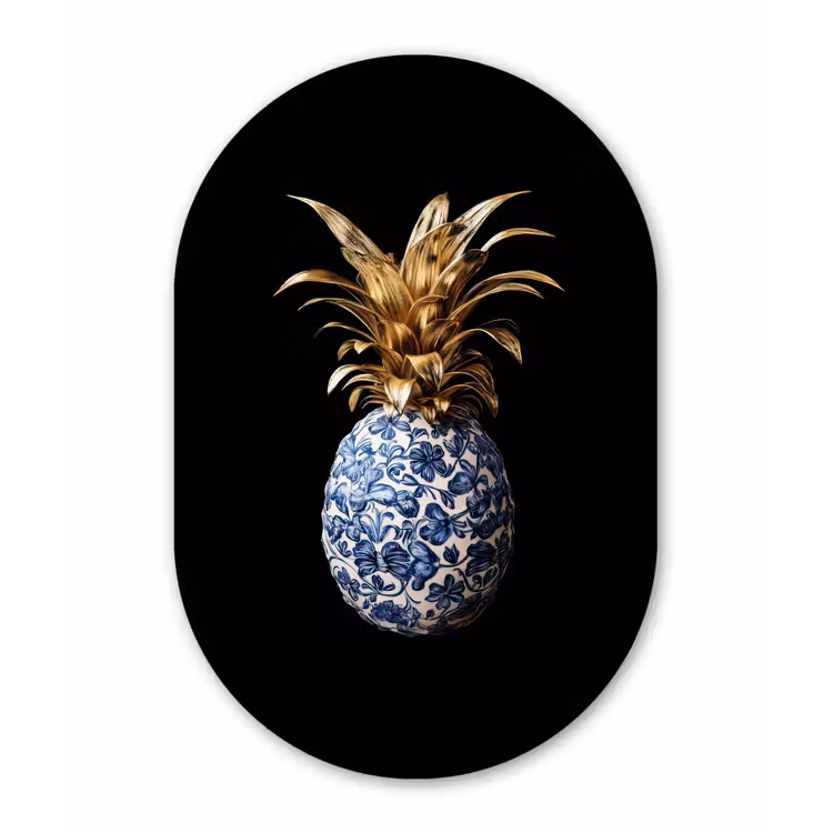 Ananas - Bloemen patroon - Goud - Delftsblauw Wandcirkel Ovaal Glas middel -3d