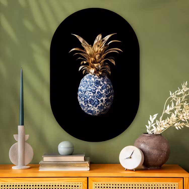 Ananas - Bloemen patroon - Goud - Delftsblauw Wandcirkel Ovaal Glas middel -sfeer2