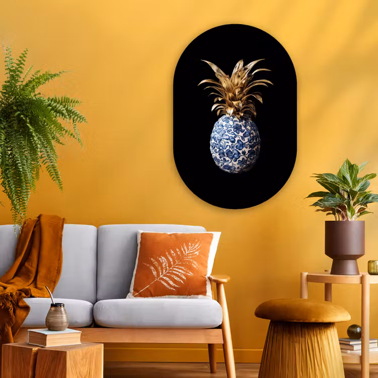 Ananas - Bloemen patroon - Goud - Delftsblauw Wandcirkel Ovaal Glas middel -sfeer4