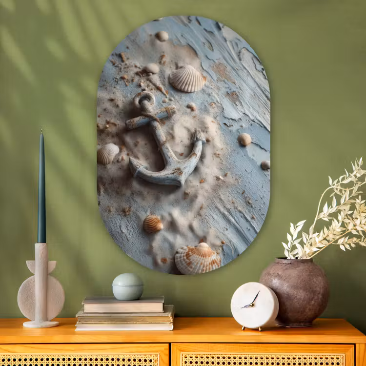 Anker - Hout - Schelpen - Zand Wandcirkel Ovaal Glas middel -sfeer2