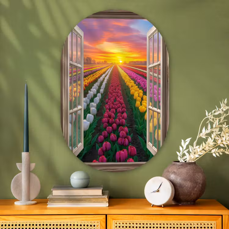 Doorkijk - Bloemen - Tulpen - Kleurrijk - Zonsondergang Wandcirkel Ovaal Glas middel -sfeer2