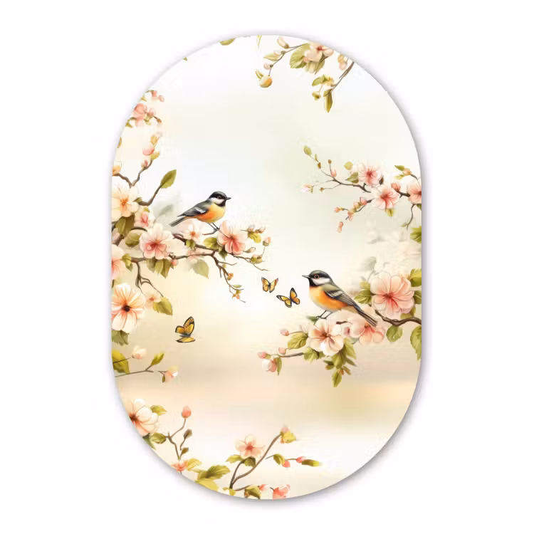 Takken - Bloemen - Vogeltjes - Roze Wandcirkel Ovaal Glas middel -3d