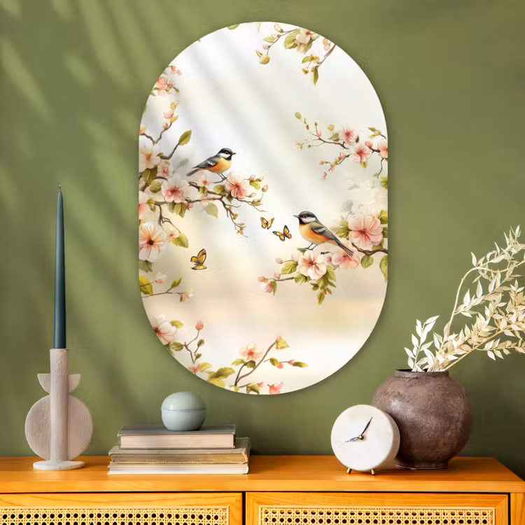 Takken - Bloemen - Vogeltjes - Roze Wandcirkel Ovaal Glas middel -sfeer2