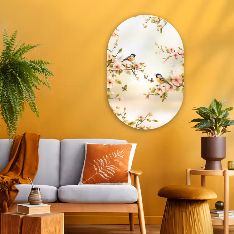Takken - Bloemen - Vogeltjes - Roze Wandcirkel Ovaal Glas middel -sfeer4