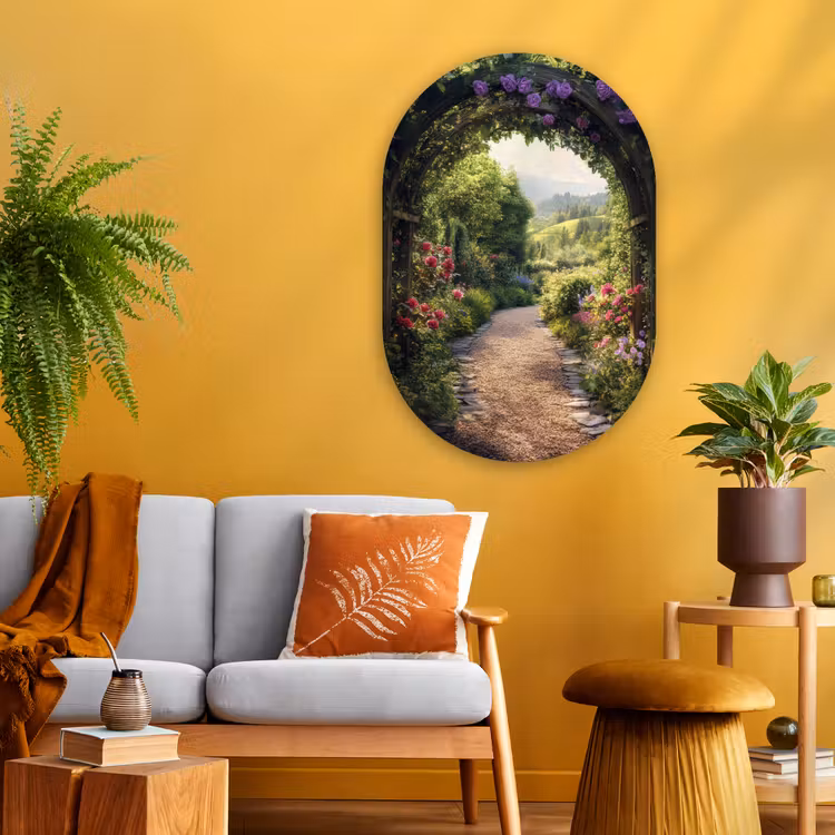 Doorkijk - Landschap - Bloemen - Tuinboog - Natuur Wandcirkel Ovaal Glas middel -sfeer4