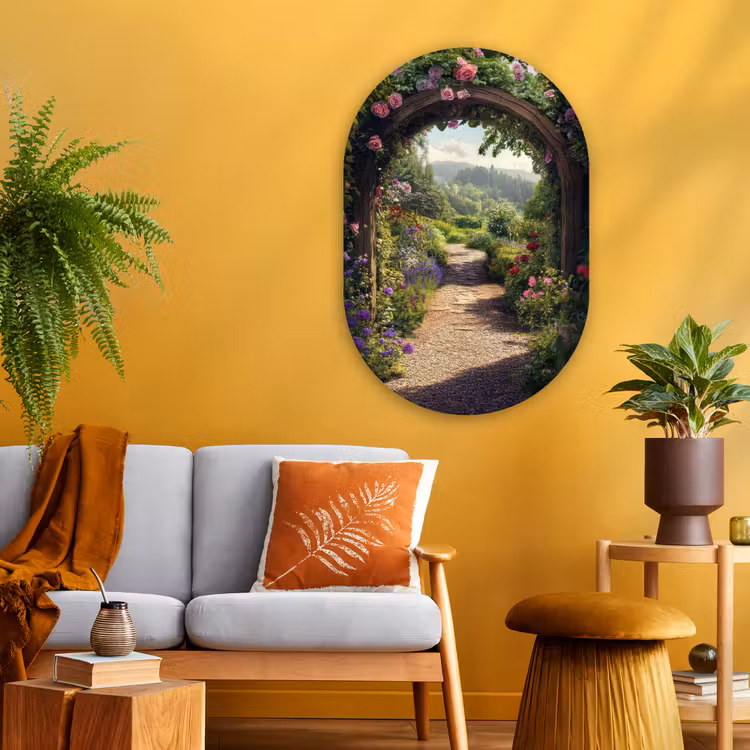 Doorkijk - Landschap - Bloemen - Rozenboog - Natuur Wandcirkel Ovaal Glas middel -sfeer4