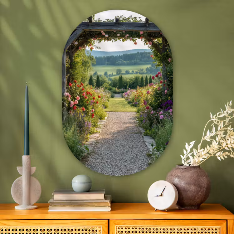Doorkijk - Landschap - Natuur - Tuinboog - Bloemen Wandcirkel Ovaal Glas middel -sfeer2
