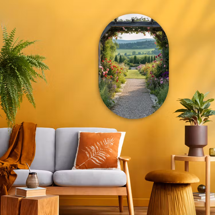 Doorkijk - Landschap - Natuur - Tuinboog - Bloemen Wandcirkel Ovaal Glas middel -sfeer4