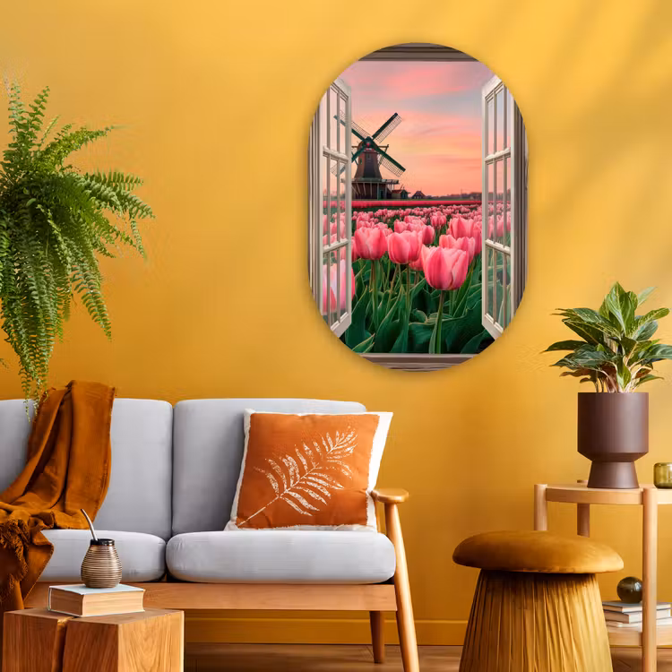 Doorkijk - Tulpen - Bloemen - Molen - Raam Wandcirkel Ovaal Glas middel -sfeer4
