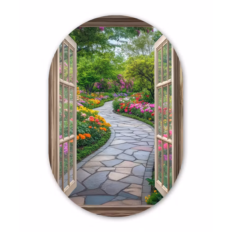 Doorkijk - Bloemen - Tuinpad - Natuur - Raam Wandcirkel Ovaal Glas middel -3d