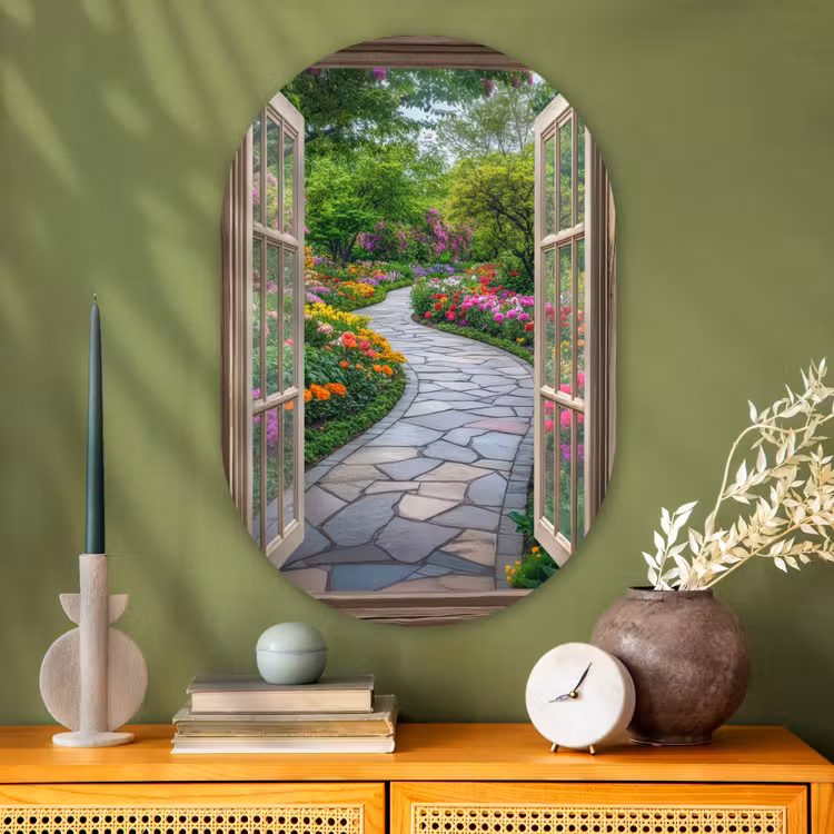 Doorkijk - Bloemen - Tuinpad - Natuur - Raam Wandcirkel Ovaal Glas middel -sfeer2