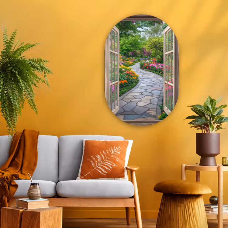 Doorkijk - Bloemen - Tuinpad - Natuur - Raam Wandcirkel Ovaal Glas middel -sfeer4