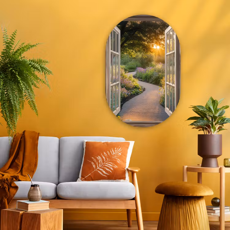 Doorkijk - Bloemen - Natuur - Zon - Pad Wandcirkel Ovaal Glas middel -sfeer4