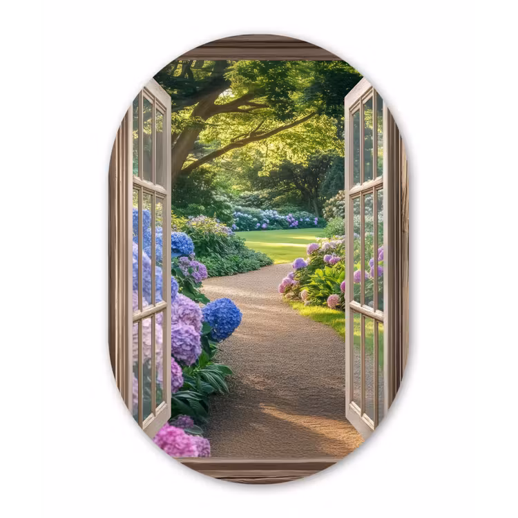 Doorkijk - Tuin - Raam - Hortensia - Bloemen Wandcirkel Ovaal Glas middel -3d