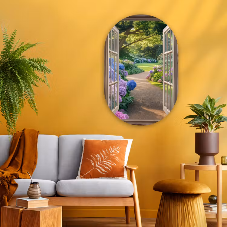 Doorkijk - Tuin - Raam - Hortensia - Bloemen Wandcirkel Ovaal Glas middel -sfeer4