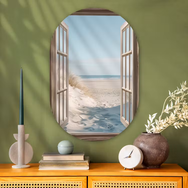 Doorkijk - Helmgras - Duinen - Zee - Landschap Wandcirkel Ovaal Glas middel -sfeer2