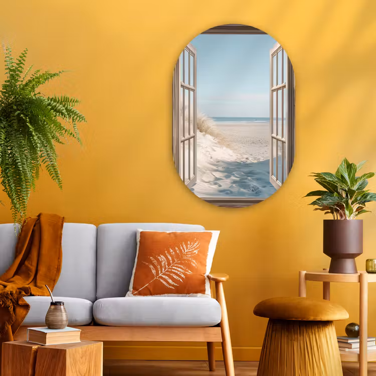 Doorkijk - Helmgras - Duinen - Zee - Landschap Wandcirkel Ovaal Glas middel -sfeer4