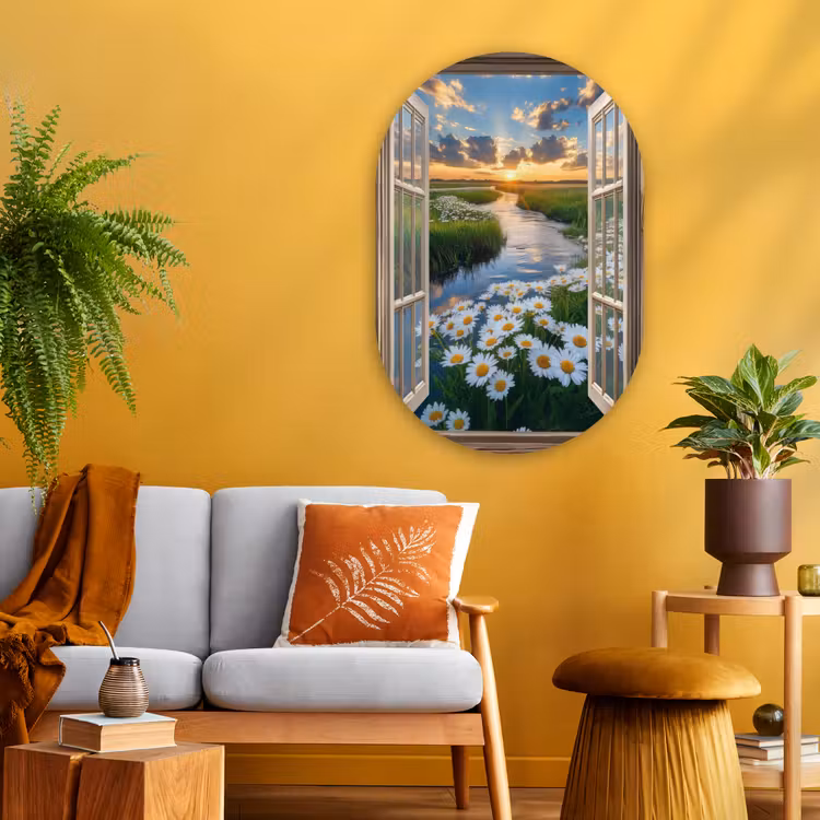 Doorkijk - Landschap - Raam - Water - Zonsondergang Wandcirkel Ovaal Glas middel -sfeer4