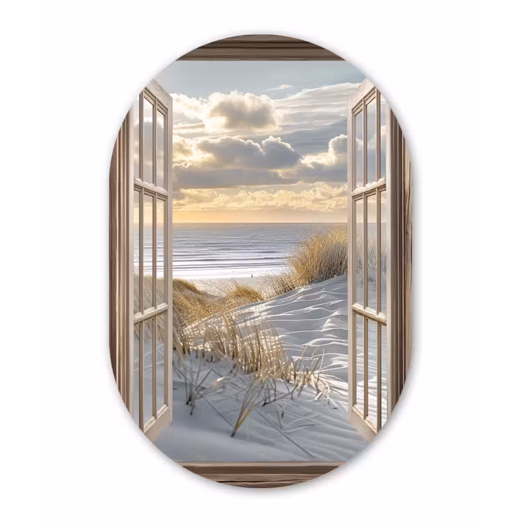Doorkijk - Strand - Duinen - Zee - Natuur Wandcirkel Ovaal Glas middel -3d
