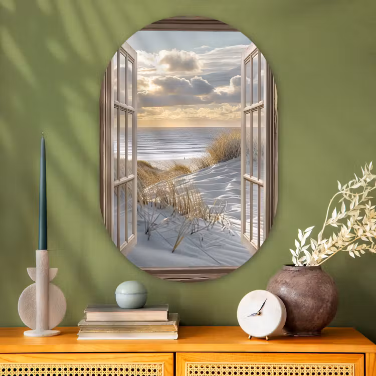 Doorkijk - Strand - Duinen - Zee - Natuur Wandcirkel Ovaal Glas middel -sfeer2