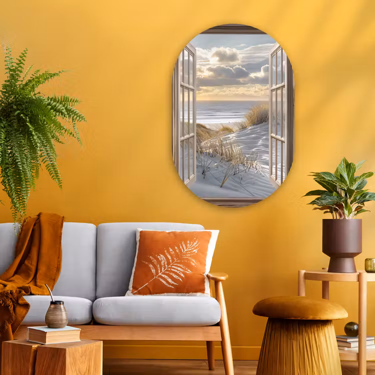 Doorkijk - Strand - Duinen - Zee - Natuur Wandcirkel Ovaal Glas middel -sfeer4