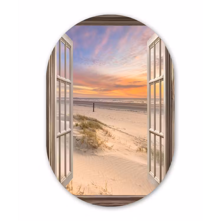 Doorkijk - Strand - Duinen - Natuur - Landschap Wandcirkel Ovaal Glas middel -3d