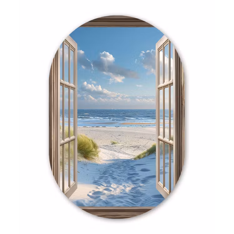 Doorkijk - Strand - Raam - Duinen - Zee Wandcirkel Ovaal Glas middel -3d