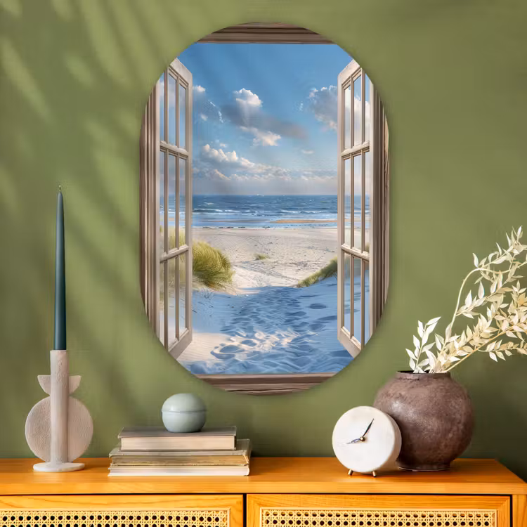Doorkijk - Strand - Raam - Duinen - Zee Wandcirkel Ovaal Glas middel -sfeer2