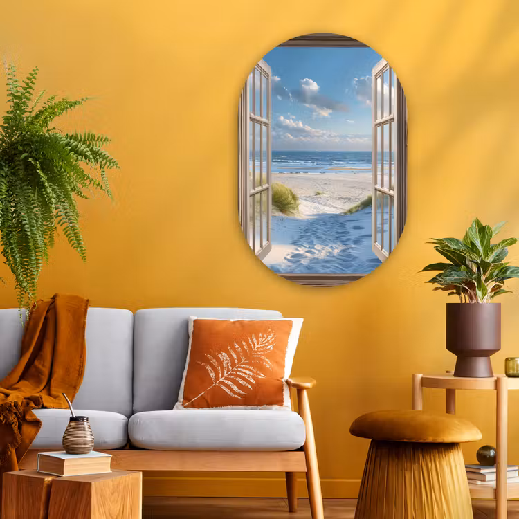 Doorkijk - Strand - Raam - Duinen - Zee Wandcirkel Ovaal Glas middel -sfeer4