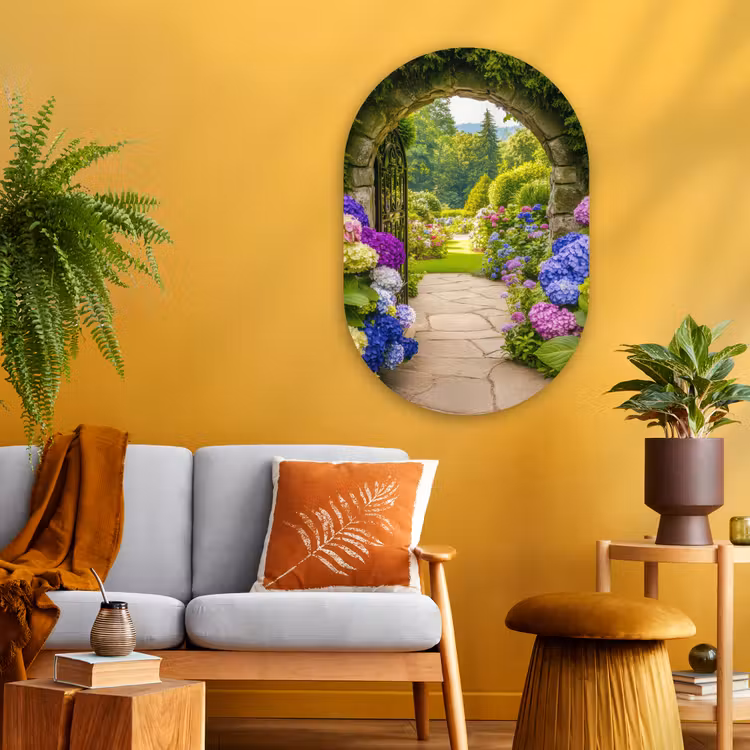 Doorkijk - Poort - Hortensia - Bloementuin Wandcirkel Ovaal Glas middel -sfeer4