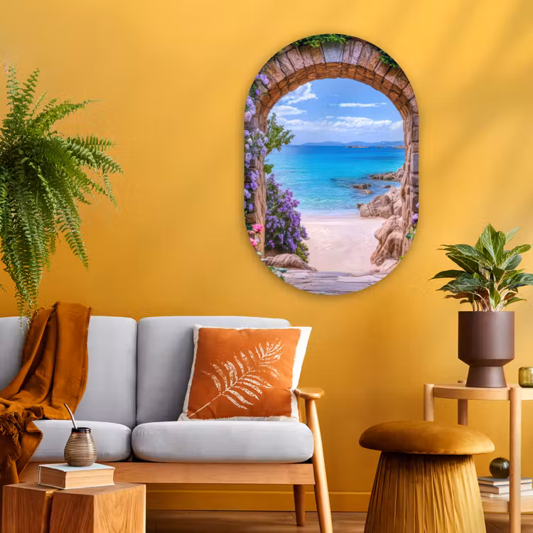 Doorkijk - Poort - Zee - Strand - Rotsen Wandcirkel Ovaal Glas middel -sfeer4