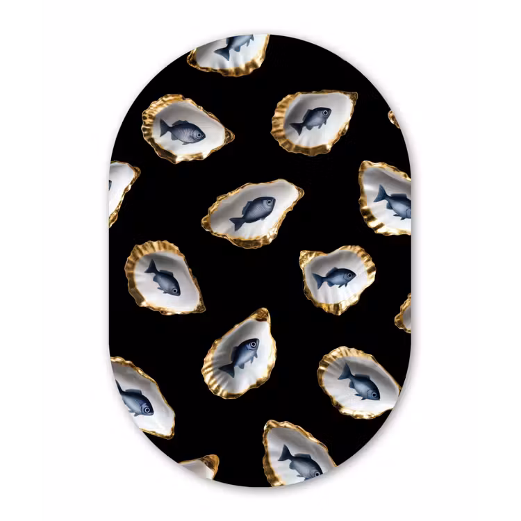 Oesters - Vissen - Blauw - Goud Wandcirkel Ovaal Glas middel -3d