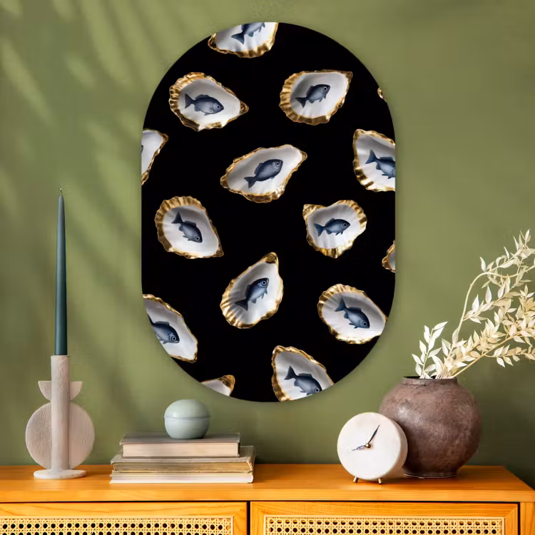 Oesters - Vissen - Blauw - Goud Wandcirkel Ovaal Glas middel -sfeer2