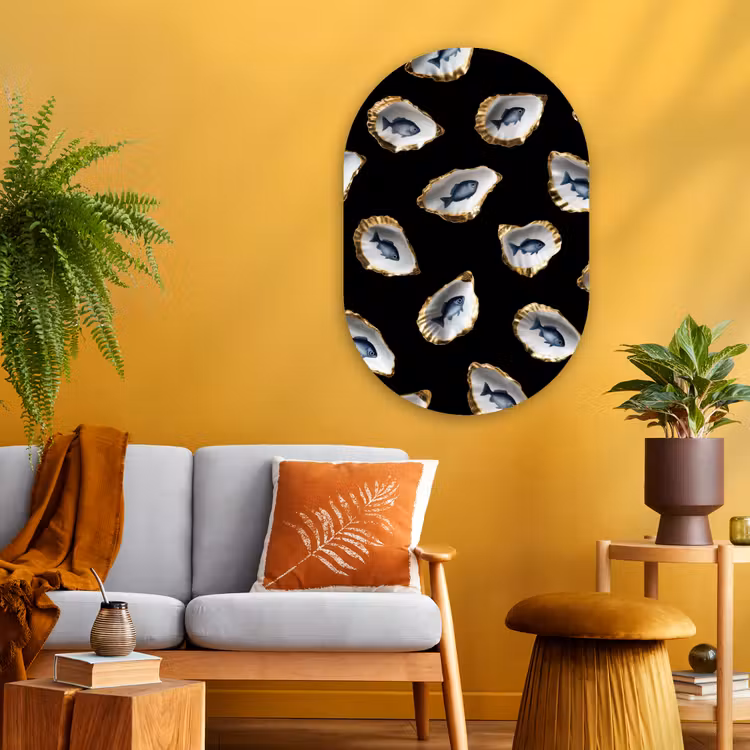 Oesters - Vissen - Blauw - Goud Wandcirkel Ovaal Glas middel -sfeer4