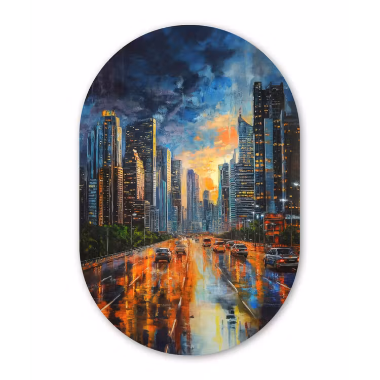 Auto - Skyline - Zon - Blauw Wandcirkel Ovaal Glas middel -3d