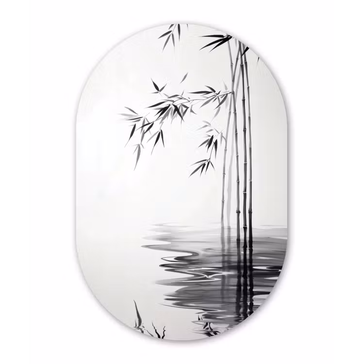 Bamboestammen - Water - Minimalistisch - Wit Wandcirkel Ovaal Glas middel -3d