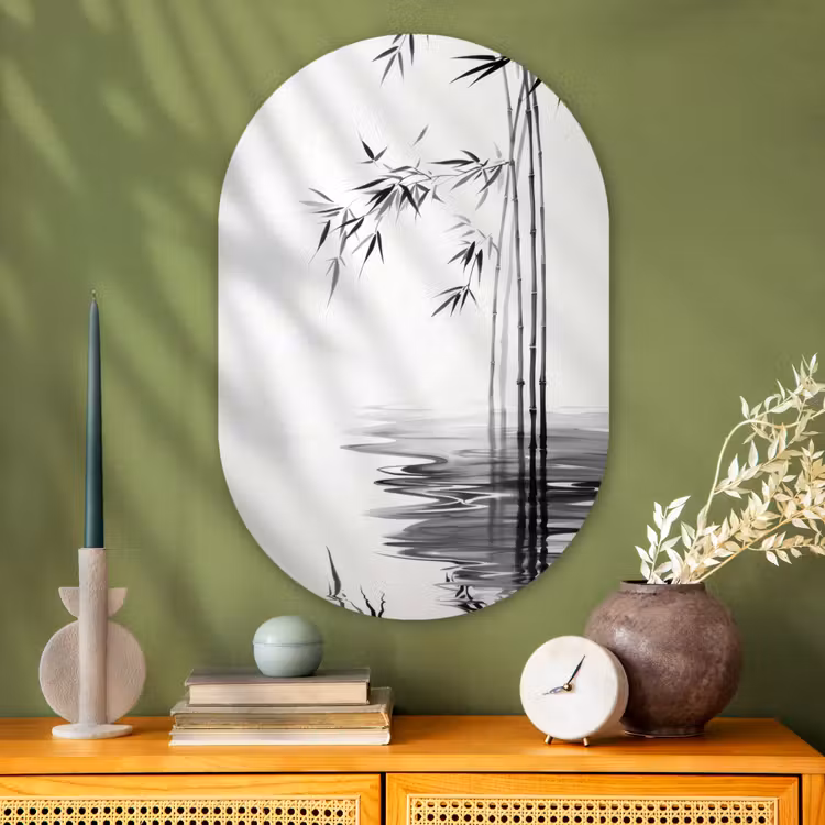 Bamboestammen - Water - Minimalistisch - Wit Wandcirkel Ovaal Glas middel -sfeer2
