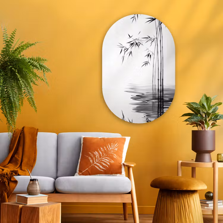 Bamboestammen - Water - Minimalistisch - Wit Wandcirkel Ovaal Glas middel -sfeer4